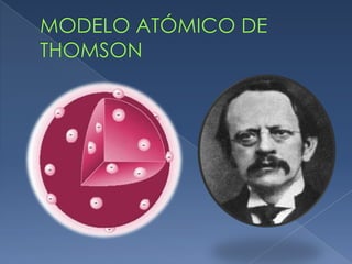  Em 1897, o físico inglês Thomson, descobriu que os
átomos eram constituídos por partículas ainda mais
pequenas que os mesmos, contrariando assim a teoria
atomista (que afirmava que os átomos eram indivisíveis).
Modelo atómico de Thomson
 