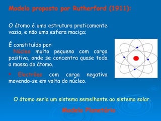 Modelo proposto por Rutherford (1911): O átomo é uma estrutura praticamente vazia, e não uma esfera maciça; É constituído por: Núcleo   muito pequeno com carga positiva, onde se concentra quase toda a massa do átomo. Electrões   com carga negativa movendo-se em volta do núcleo. O átomo seria um sistema semelhante ao sistema solar. Modelo Planetário 