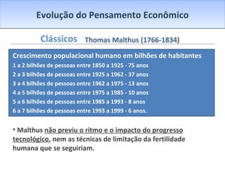 Evolução do Pensamento Econômico Clássicos Crescimento populacional humano em bilhões de habitantes 1 a 2 bilhões de pessoas entre 1850 a 1925 - 75 anos 2 a 3 bilhões de pessoas entre 1925 a 1962 - 37 anos 3 a 4 bilhões de pessoas entre 1962 a 1975 - 13 anos 4 a 5 bilhões de pessoas entre 1975 a 1985 - 10 anos 5 a 6 bilhões de pessoas entre 1985 a 1993 - 8 anos 6 a 7 bilhões de pessoas entre 1993 a 1999 - 6 anos. Malthus  não previu o ritmo e o impacto do progresso tecnológico , nem as técnicas de limitação da fertilidade humana que se seguiriam. Thomas Malthus (1766-1834) 
