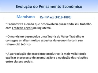 Evolução do Pensamento Econômico Marxismo Economista alemão que desenvolveu quase todo seu trabalho com  Frederic Engels  na Inglaterra. O marxismo desenvolve uma  Teoria do Valor-Trabalho  e consegue analisar muitos aspectos da economia com seu referencial teórico. A apropriação do excedente produtivo (a mais-valia) pode explicar o processo de acumulação e a evolução  das relações entre classes sociais. Karl Marx (1818-1883) 