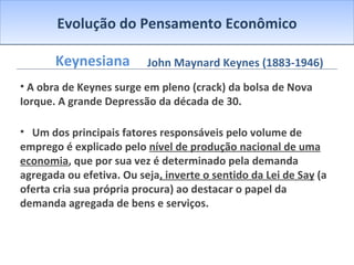 Evolução do Pensamento Econômico Keynesiana A obra de Keynes surge em pleno (crack) da bolsa de Nova Iorque. A grande Depressão da década de 30. Um dos principais fatores responsáveis pelo volume de emprego é explicado pelo  nível de produção nacional de uma economia , que por sua vez é determinado pela demanda agregada ou efetiva. Ou seja , inverte o sentido da Lei de Say  (a oferta cria sua própria procura) ao destacar o papel da demanda agregada de bens e serviços. John Maynard Keynes (1883-1946) 