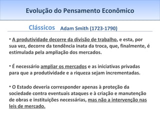 Evolução do Pensamento Econômico Clássicos A produtividade decorre da divisão de trabalho , e esta, por sua vez, decorre da tendência inata da troca, que, finalmente, é estimulada pela ampliação dos mercados.  É necessário  ampliar os mercados  e as iniciativas privadas para que a produtividade e a riqueza sejam incrementadas. O Estado deveria corresponder apenas à proteção da sociedade contra eventuais ataques e à criação e manutenção de obras e instituições necessárias,  mas não a intervenção nas leis de mercado. Adam Smith (1723-1790) 