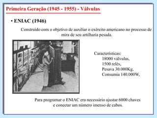 Primeira Geração (1945 - 1955) - Válvulas
• ENIAC (1946)
Construído com o objetivo de auxiliar o exército americano no processo de
mira de seu artilharia pesada.

Características:
18000 válvulas,
1500 relés,
Pesava 30.000Kg,
Consumia 140.000W,

Para programar o ENIAC era necessário ajustar 6000 chaves
e conectar um número imenso de cabos.

 
