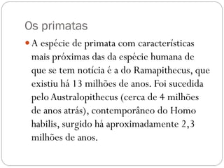 Os primatas
 A espécie de primata com características

mais próximas das da espécie humana de
que se tem notícia é a do Ramapithecus, que
existiu há 13 milhões de anos. Foi sucedida
pelo Australopithecus (cerca de 4 milhões
de anos atrás), contemporâneo do Homo
habilis, surgido há aproximadamente 2,3
milhões de anos.

 