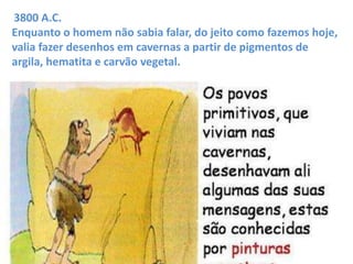 3800 A.C. 
Enquanto o homem não sabia falar, do jeito como fazemos hoje, 
valia fazer desenhos em cavernas a partir de pigmentos de 
argila, hematita e carvão vegetal. 
 