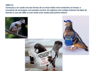 2900 A.C. 
Começava a ser usada uma das formas de se enviar dados mais resistentes ao tempo: o 
transporte de mensagens com pombos-correio. Os registros mais antigos datavam do Egito de 
Ramsés II, mas até 2002 as aves ainda eram usadas pela polícia indiana. 
 