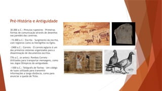 Pré-História e Antiguidade
30.000 a.C.: Pinturas rupestres – Primeiras
formas de comunicação através de desenhos
nas paredes das cavernas.
~15.000 a.C.: Escrita – Surgimento da escrita,
com registros como os hieróglifos no Egito.
~2400 a.C.: Correio – O correio egípcio é um
dos primeiros sistemas organizados para a
disseminação de documentos escritos.
776 a.C. (e antes): Pombos Correio –
Utilizados para transportar mensagens, como
nos Jogos Olímpicos da antiguidade.
~1300 a.C.: Telégrafo de Tochas – Um código
de luzes utilizado para transmitir
informações a longa distância, como para
anunciar a queda de Tróia.
 