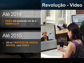 Revolução - Video

Até 2014
   VIDEO irá aumentar em 4x o
    TRÁFEGO IP




Até 2015:
   2/3 do TRÁFEGO DE DADOS
    MÓVEIS será VIDEO




         © 2008 Cisco Systems, Inc. All rights reserved.   Cisco Confidential                   4
 