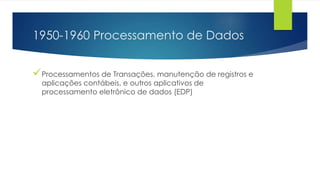 1950-1960 Processamento de Dados
Processamentos de Transações, manutenção de registros e
aplicações contábeis, e outros aplicativos de
processamento eletrônico de dados (EDP)
 