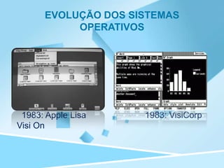 EVOLUÇÃO DOS SISTEMAS
           OPERATIVOS




 1983: Apple Lisa    1983: VisiCorp
Visi On
 