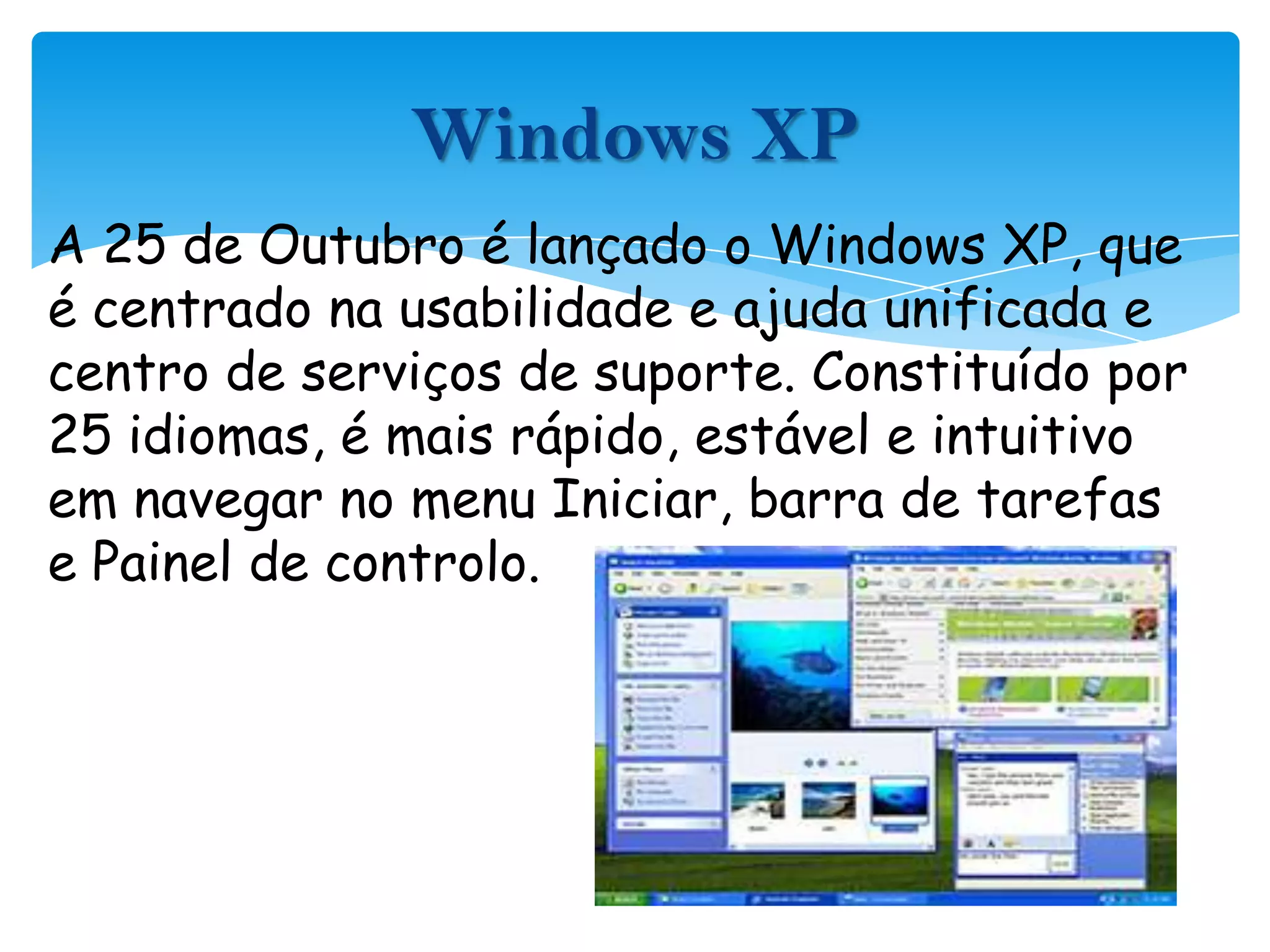 A 25 de Outubro é lançado o Windows XP, que é centrado na usabilidade e ajuda unificada e centro de serviços de suporte. Constituído por 25 idiomas, é mais rápido, estável e intuitivo em navegar no menu Iniciar, barra de tarefas e Painel de controlo.Windows XP