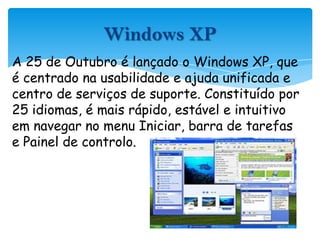 A 25 de Outubro é lançado o Windows XP, que é centrado na usabilidade e ajuda unificada e centro de serviços de suporte. Constituído por 25 idiomas, é mais rápido, estável e intuitivo em navegar no menu Iniciar, barra de tarefas e Painel de controlo.Windows XP