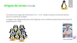 Origem do termo Linux
O nome Linux surgiu da mistura de Linus + Unix. Onde unix era o nome do kernel.
Linus é o nome do criador.
A origem das distribuições linux tem ligação com o sistema operacional Unix que foi
projetado em 1960.
3
Linus torvalds
 