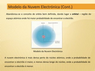 Modelo da Nuvem Electrónica (Cont.)
 Abandonou-se o conceito de orbita bem definida, dando lugar a orbital – região do
 espaço atómico onde há maior probabilidade de encontrar o electrão.




                            Modelo da Nuvem Electrónica

A nuvem electrónica é mais densa perto do núcleo atómico, onde a probabilidade de
encontrar o electrão é maior, e menos densa longe do núcleo, onde a probabilidade de
encontrar o electrão é menor.
 