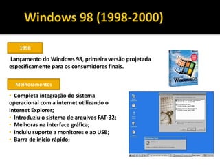 1998
Lançamento do Windows 98, primeira versão projetada
especificamente para os consumidores finais.
Melhoramentos
• Completa integração do sistema
operacional com a internet utilizando o
Internet Explorer;
• Introduziu o sistema de arquivos FAT-32;
• Melhoras na interface gráfica;
• Incluiu suporte a monitores e ao USB;
• Barra de inicio rápido;
 