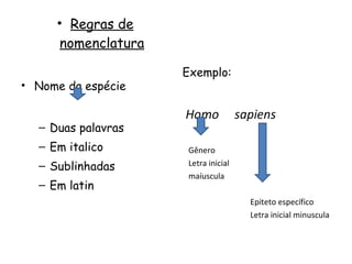 Regras de nomenclatura Nome da espécie Duas palavras Em italico Sublinhadas Em latin Exemplo: Homo  sapiens Gênero Letra inicial  maíuscula Epiteto específico Letra inicial minuscula 