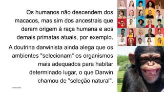 Os humanos não descendem dos
macacos, mas sim dos ancestrais que
deram origem à raça humana e aos
demais primatas atuais, por exemplo.
A doutrina darwinista ainda alega que os
ambientes "selecionam" os organismos
mais adequados para habitar
determinado lugar, o que Darwin
chamou de "seleção natural".
1/20/2024 Sample Footer Text 16
 