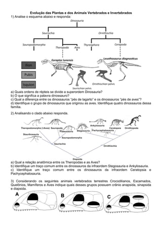Evolução das Plantas e dos Animais Vertebrados e Invertebrados
1) Analise o esquema abaixo e responda:
a) Quais ordens de répteis se divide a superordem Dinosauria?
b) O que significa a palavra dinossauro?
c) Qual a diferença entre os dinossauros “pés de lagarto” e os dinossauros “pés de aves”?
d) Identifique o grupo de dinossauros que originou as aves. Identifique quatro dinossauros dessa
família.
2) Analisando o clado abaixo responda.
a) Qual a relação anatômica entre os Theropodas e as Aves?
b) Identifique um traço comum entre os dinossauros da infraordem Stegosauria e Ankylosauria.
c) Identifique um traço comum entre os dinossauros da infraordem Ceratopsia e
Pachycephalosauria.
3) Considerando os seguintes animais vertebrados terrestres Crocodilianos, Escamados,
Quelônios, Mamíferos e Aves indique quais desses grupos possuem crânio anapsida, sinapsida
e diapsida.
 