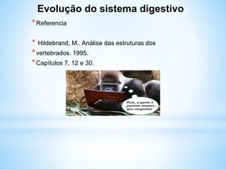 *Referencia
* Hildebrand, M.. Análise das estruturas dos
*vertebrados. 1995.
*Capítulos 7, 12 e 30.
Evolução do sistema digestivo
 