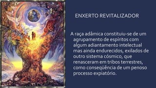 ENXERTO REVITALIZADOR
A raça adâmica constituiu-se de um
agrupamento de espíritos com
algum adiantamento intelectual
mas ainda endurecidos, exilados de
outro sistema cósmico, que
renasceram em tribos terrestres,
como conseqüência de um penoso
processo expiatório.
 