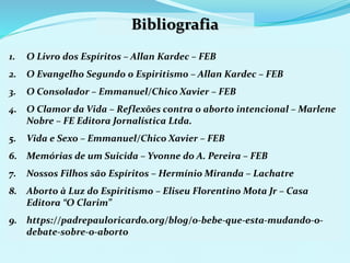 1. O Livro dos Espíritos – Allan Kardec – FEB
2. O Evangelho Segundo o Espiritismo – Allan Kardec – FEB
3. O Consolador – Emmanuel/Chico Xavier – FEB
4. O Clamor da Vida – Reflexões contra o aborto intencional – Marlene
Nobre – FE Editora Jornalística Ltda.
5. Vida e Sexo – Emmanuel/Chico Xavier – FEB
6. Memórias de um Suicida – Yvonne do A. Pereira – FEB
7. Nossos Filhos são Espíritos – Hermínio Miranda – Lachatre
8. Aborto à Luz do Espiritismo – Eliseu Florentino Mota Jr – Casa
Editora “O Clarim”
9. https://padrepauloricardo.org/blog/o-bebe-que-esta-mudando-o-
debate-sobre-o-aborto
Bibliografia
 