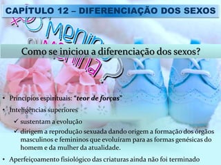 Como se iniciou a diferenciação dos sexos?
• Princípios espirituais: “teor de forças”
• Inteligências superiores
 sustentam a evolução
 dirigem a reprodução sexuada dando origem a formação dos órgãos
masculinos e femininos que evoluíram para as formas genésicas do
homem e da mulher da atualidade.
• Aperfeiçoamento fisiológico das criaturas ainda não foi terminado
CAPÍTULO 12 – DIFERENCIAÇÃO DOS SEXOS
 