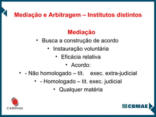 Mediação e Arbitragem – Institutos distintos Mediação Busca a construção de acordo  Instauração voluntária Eficácia relativa Acordo: - Não homologado – tít.  exec. extra-judicial - Homologado – tit. exec. judicial Qualquer matéria 