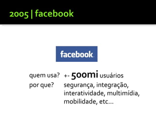 quem usa? +-  500mi  usuários por que? segurança, integração,  interatividade, multimídia,  mobilidade, etc... 