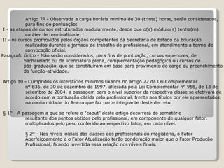       Artigo 7º - Observada a carga horária mínima de 30 (trinta) horas, serão considerados,  para fins de pontuação:   I - as etapas de cursos estruturados modularmente, desde que o(s) módulo(s) tenha(m)  caráter de terminalidade;   II - os cursos promovidos pelos órgãos competentes da Secretaria de Estado da Educação, realizados durante a jornada de trabalho do profissional, em atendimento a termo de  convocação oficial.   Parágrafo único - Não serão considerados, para fins de pontuação, cursos superiores, de  bacharelado ou de licenciatura plena, complementação pedagógica ou cursos de  pós-graduação, que se constituíram em base para provimento do cargo ou preenchimento  da função-atividade.   Artigo 10 - Cumpridos os interstícios mínimos fixados no artigo 22 da Lei Complementar nº 836, de 30 de dezembro de 1997, alterada pela Lei Complementar nº 958, de 13 de  setembro de 2004, a passagem para o nível superior da respectiva classe se efetivará de  acordo com a pontuação obtida pelo profissional, frente aos títulos por ele apresentados,  na conformidade do Anexo que faz parte integrante deste decreto.   § 1º - A passagem a que se refere o "caput" deste artigo decorrerá do somatório  resultante dos pontos obtidos pelo profissional, em componente de qualquer fator,  multiplicados pelo peso conferido ao respectivo fator, em cada nível. § 2º - Nos níveis iniciais das classes dos profissionais do magistério, o Fator  Aperfeiçoamento e o Fator Atualização terão ponderação maior que o Fator Produção  Profissional, ficando invertida essa relação nos níveis finais.     