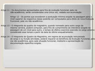         Artigo 11 - Os documentos apresentados para fins de evolução funcional, pela via  não-acadêmica, serão considerados uma única vez, vedada sua acumulação. Artigo 12 - Os pontos que excederem a pontuação mínima exigida na passagem para o  nível superior da respectiva classe poderão ser computados para efeito de nova Evolução  Funcional, pela via não-acadêmica.   Artigo 13 - O integrante do quadro do magistério, quando nomeado para outro cargo da  mesma carreira, poderá computar, para fins de cumprimento do interstício exigido na  passagem de um nível para outro, o tempo de efetivo exercício exercido no cargo anterior,  considerado esse tempo a partir da data do último enquadramento.   Artigo 14 - O integrante do Quadro do Magistério, em regime de acumulação remunerada  de cargo e ou função-atividade, poderá requerer os benefícios da Evolução Funcional, pela via não-acadêmica, para cada situação funcional, mediante a apresentação da documentação específica exigida.     