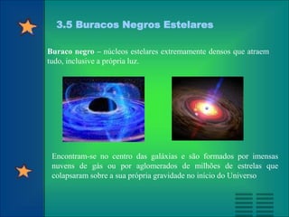 3.5 Buracos Negros Estelares
Buraco negro – núcleos estelares extremamente densos que atraem
tudo, inclusive a própria luz.
Encontram-se no centro das galáxias e são formados por imensas
nuvens de gás ou por aglomerados de milhões de estrelas que
colapsaram sobre a sua própria gravidade no início do Universo
 