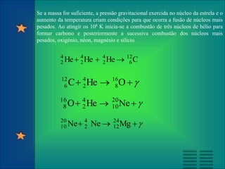 Se a massa for suficiente, a pressão gravitacional exercida no núcleo da estrela e o
aumento da temperatura criam condições para que ocorra a fusão de núcleos mais
pesados. Ao atingir os 108 K inicia-se a combustão de três núcleos de hélio para
formar carbono e posteriormente a sucessiva combustão dos núcleos mais
pesados, oxigénio, néon, magnésio e silício.
C
He
He
He 12
6
4
2
4
2
4
2 



O
He
C 16
8
4
2
12
6 



Ne
He
O 20
10
4
2
16
8 



Mg
Ne
Ne 24
12
4
2
20
10 


 