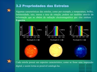 3.2 Propriedades das Estrelas
Algumas características das estrelas, como por exemplo, a temperatura, brilho,
luminosidade, raio, massa e taxa de rotação, podem ser medidas através da
informação que se obtém da radiação electromagnética que elas emitem –
Espectro.
Cada estrela possui um espectro característico, como se fosse uma impressão
digital, e assim torna-se possível catalogá-las.
 