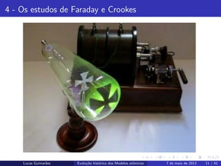 ipb.jpg
4 - Os estudos de Faraday e Crookes
Figura : 4. Ampola de CrookesLucas Guimar˜aes Evolu¸c˜ao hist´orica dos Modelos atˆomicos 7 de maio de 2013 11 / 41
 