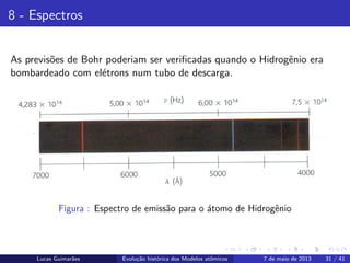 ipb.jpg
8 - Espectros
As previs˜oes de Bohr poderiam ser veriﬁcadas quando o Hidrogˆenio era
bombardeado com el´etrons num tubo de descarga.
Figura : Espectro de emiss˜ao para o ´atomo de Hidrogˆenio
Lucas Guimar˜aes Evolu¸c˜ao hist´orica dos Modelos atˆomicos 7 de maio de 2013 31 / 41
 