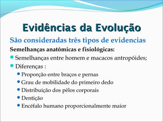 Evidências da Evolução
São consideradas três tipos de evidencias
Semelhanças anatômicas e fisiológicas:
Semelhanças entre homem e macacos antropóides;
Diferenças :
Proporção entre braços e pernas
Grau de mobilidade do primeiro dedo
Distribuição dos pêlos corporais
Dentição
Encéfalo humano proporcionalmente maior

 
