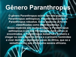 Gênero Paranthropus
O gênero Paranthropus existia em três espécies:
Paranthropus aethiopicus, Paranthropus boisei e
Paranthropus robustus. Estas espécies já foram
classificadas como Australopitecus.
Essas espécies são muito antigas, o Paranthropus
aethiopicus é um dos Hominídeos mais velhos já
encontrados, o Paranthropus boisei foi o primeiro a
chegar na costa leste da África e o primeiro hominídeo
a viver dentre as pastagens secas da África, que se a
semelhava a o que é hoje uma savana africana.
 