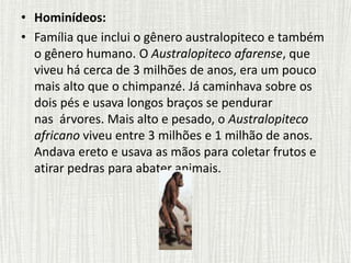 • Hominídeos:
• Família que inclui o gênero australopiteco e também
o gênero humano. O Australopiteco afarense, que
viveu há cerca de 3 milhões de anos, era um pouco
mais alto que o chimpanzé. Já caminhava sobre os
dois pés e usava longos braços se pendurar
nas árvores. Mais alto e pesado, o Australopiteco
africano viveu entre 3 milhões e 1 milhão de anos.
Andava ereto e usava as mãos para coletar frutos e
atirar pedras para abater animais.
 