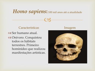 
Homo sapiens:100 mil anos até a atualidade
Características
 Ser humano atual.
 Onívoro. Conquistou
todos os hábitats
terrestres. Primeiro
hominídeo que realizou
manifestações artísticas.
Imagem
 