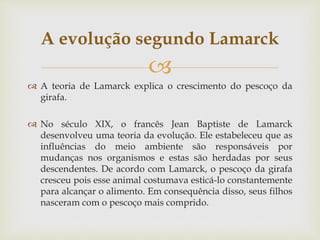 
 A teoria de Lamarck explica o crescimento do pescoço da
girafa.
 No século XIX, o francês Jean Baptiste de Lamarck
desenvolveu uma teoria da evolução. Ele estabeleceu que as
influências do meio ambiente são responsáveis por
mudanças nos organismos e estas são herdadas por seus
descendentes. De acordo com Lamarck, o pescoço da girafa
cresceu pois esse animal costumava esticá-lo constantemente
para alcançar o alimento. Em consequência disso, seus filhos
nasceram com o pescoço mais comprido.
A evolução segundo Lamarck
 