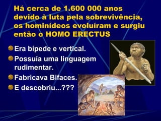 Há cerca de 1.600 000 anos
devido à luta pela sobrevivência,
os hominídeos evoluíram e surgiu
então o HOMO ERECTUS

Era bípede e vertical.
Possuía uma linguagem
rudimentar.
Fabricava Bifaces.
E descobriu...???
 