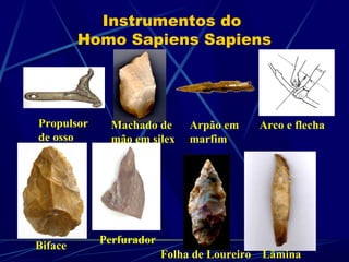Instrumentos do
         Homo Sapiens Sapiens




Propulsor     Machado de     Arpão em    Arco e flecha
de osso       mão em silex   marfim




            Perfurador
Biface
                         Folha de Loureiro Lâmina
 