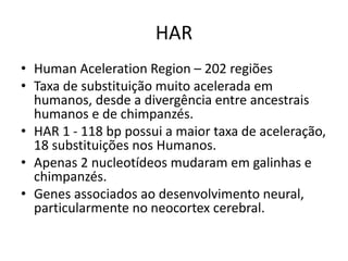 HAR
• Human Aceleration Region – 202 regiões
• Taxa de substituição muito acelerada em
humanos, desde a divergência entre ancestrais
humanos e de chimpanzés.
• HAR 1 - 118 bp possui a maior taxa de aceleração,
18 substituições nos Humanos.
• Apenas 2 nucleotídeos mudaram em galinhas e
chimpanzés.
• Genes associados ao desenvolvimento neural,
particularmente no neocortex cerebral.
 