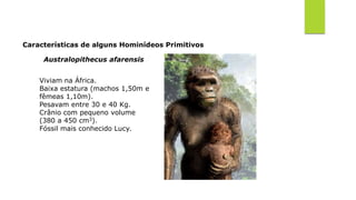 Características de alguns Hominídeos Primitivos
Australopithecus afarensis
Viviam na África.
Baixa estatura (machos 1,50m e
fêmeas 1,10m).
Pesavam entre 30 e 40 Kg.
Crânio com pequeno volume
(380 a 450 cm3).
Fóssil mais conhecido Lucy.
 