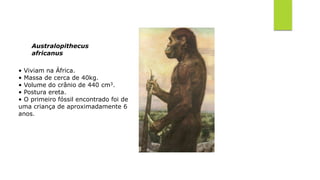 Australopithecus
africanus
• Viviam na África.
• Massa de cerca de 40kg.
• Volume do crânio de 440 cm3.
• Postura ereta.
• O primeiro fóssil encontrado foi de
uma criança de aproximadamente 6
anos.
 