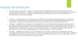 Etapas da evolução
 Ao todo foram cerca de 11 etapas na evolução da espécies para que se chegasse em nos os
“homo-sapiens-sapiens” 1º etapa - sahelanthropus tchadensis: Os mais antigos viveram há cerca de
70 milhões de anos. Esses mamíferos de pequeno porte habitavam as árvores das florestas e
alimentavam-se de olhas e insetos.

 2°etapa - orrorin tugenensis: Lentamente o andar ereto foi praticado pelos primatas e mesmo se
passando 1 milhão de anos, ele ainda não havia se consolidado, porem libera gradualmente as
mãos para realização de atividades mais nobres, iniciando assim a habilidade manual.
 3º etapa -- ardipithecus kadabba: A alimentação foi um fato importante durante a evolução dos
primatas analisando-se os dentes e mandíbulas dos fosseis podemos determinar qual o tipo de
alimentação que a espécie consumia e dessa forma saber como era o estilo de vida. No caso dos
primatas há 5 milhões de anos atrás, a evolução provocou uma redução gradual dos caninos,
resultando em uma menor agressividade e maior facilidade no convívio social.
 4°etapa - ardipithecus ramidus: Há 4.5 milhões de anos atrás, mudanças morfológicas nos pés
auxiliares na evolução do andar ereto. A estrutura corporal também se tornou mais ereta, facilitando
o equilíbrio do corpo durante o caminhar e mudanças faciais tornaram o rosto mais plano, dando
características mais humanoides a esses primatas.
 