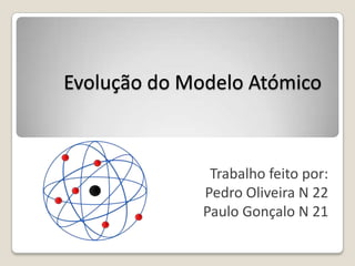 Evolução do Modelo Atómico

Trabalho feito por:
Pedro Oliveira N 22
Paulo Gonçalo N 21

 