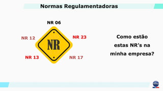 NR 06
NR 13
NR 12
NR 17
NR 23
Normas Regulamentadoras
Como estão
estas NR’s na
minha empresa?
 