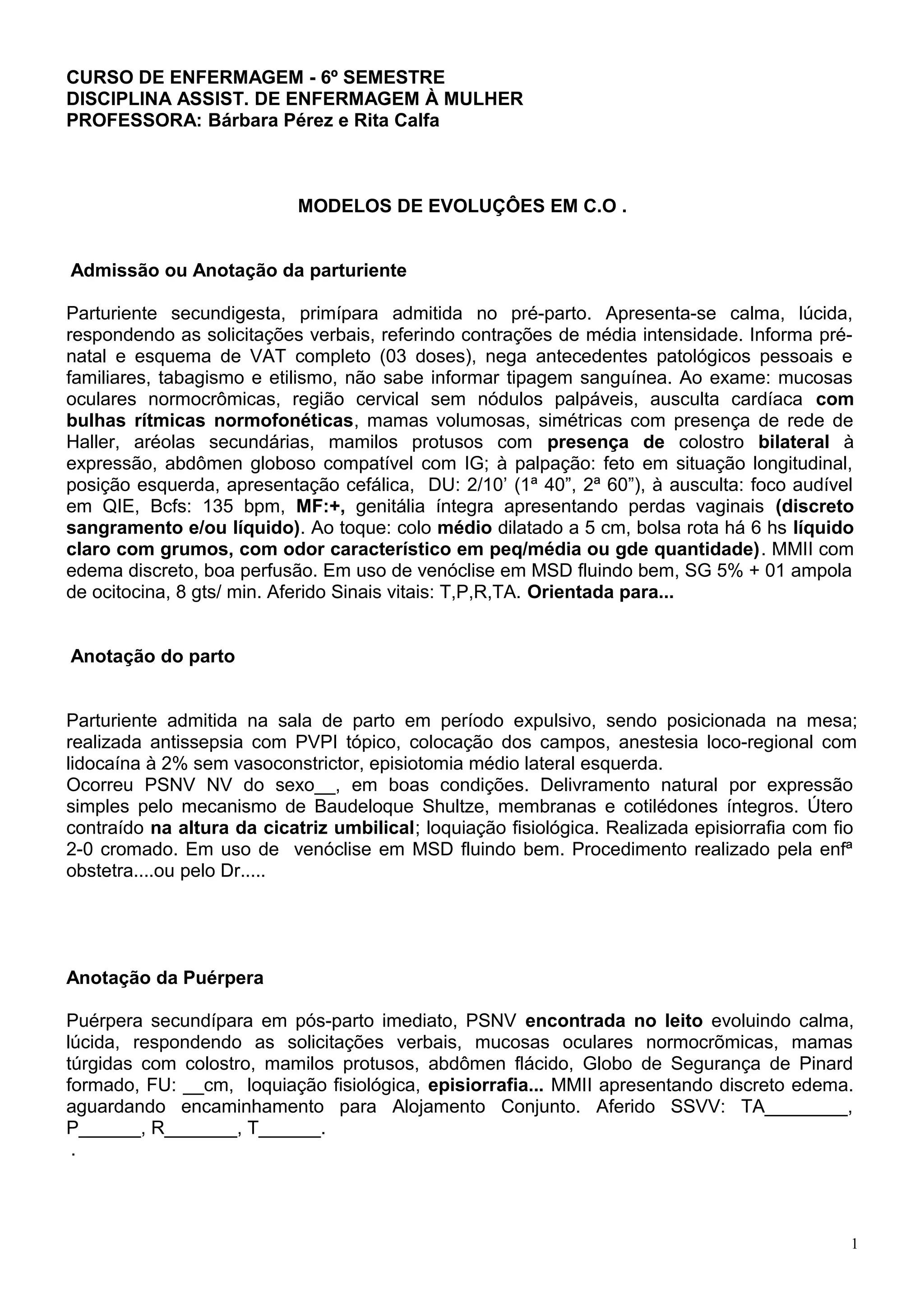 Evolução pós parto | DOC