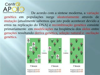   De acordo com a síntese moderna, a  variação genética  em populações surge  aleatoriamente  através de  mutação  (atualmente sabemos que isto pode acontecer devido a erros na replicação do DNA) e  recombinação genética  consiste   primariamente  em  modificações  na freqüência dos  alelos  entre  gerações  resultando  deriva genética ,  seleção natural e  oscilação genética .  